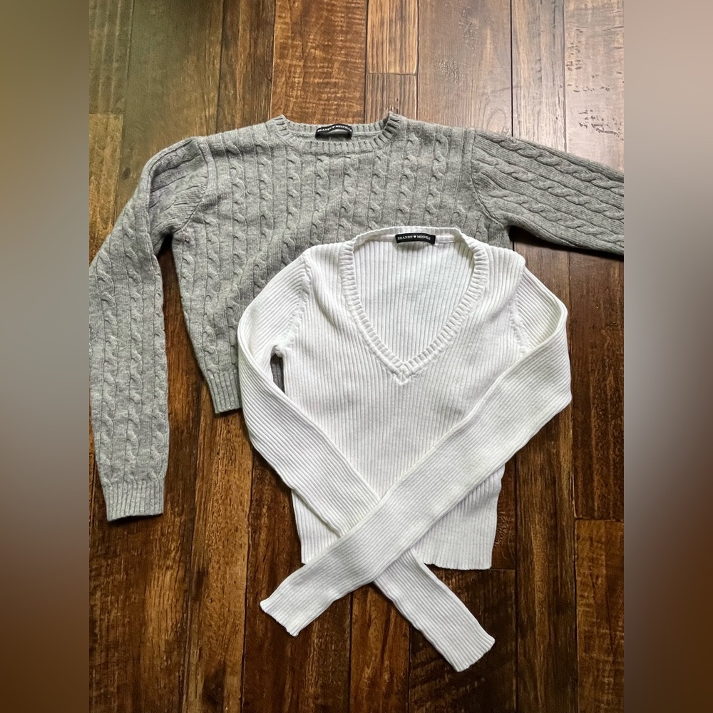 Lot of 2 Brandy Melville Cropped Vneck Crew neck Long Sleeve Ribbed Sweater Sz S